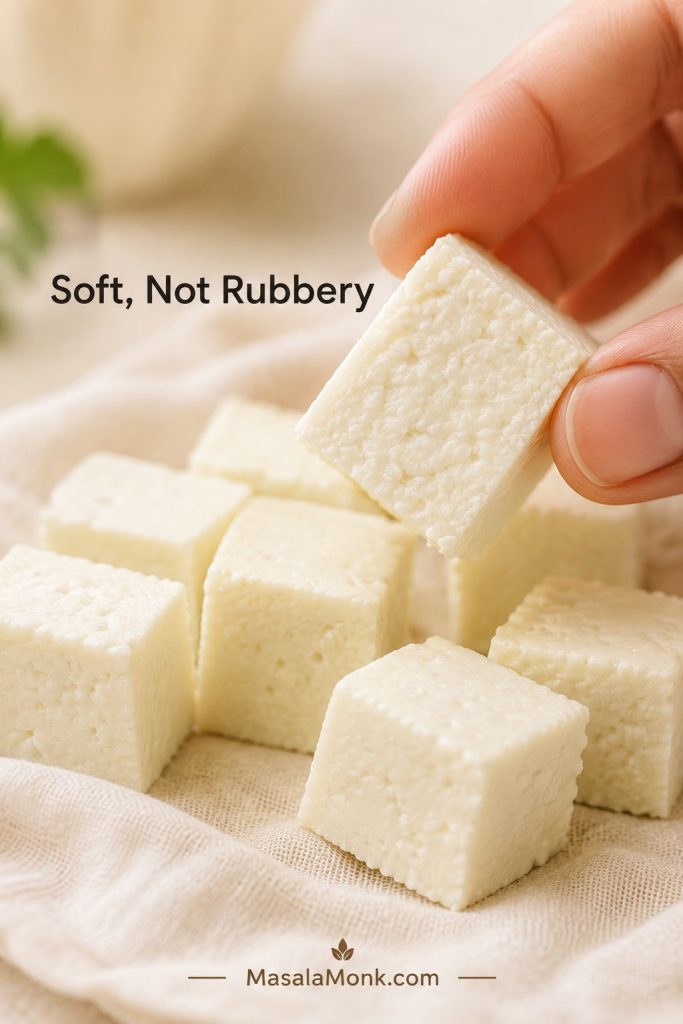 Close-up of a soft homemade paneer cube being held to show its moist interior.