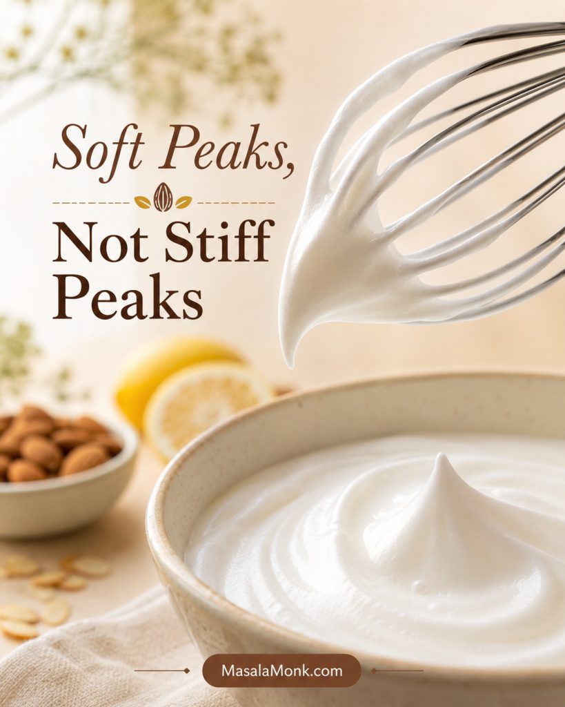 Glossy whipped egg whites holding a soft bending peak on a whisk.
