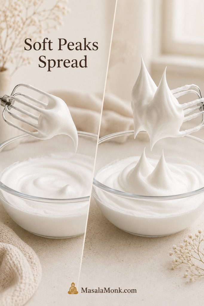 Soft meringue peaks compared with stiff glossy peaks for Japanese pancake batter.