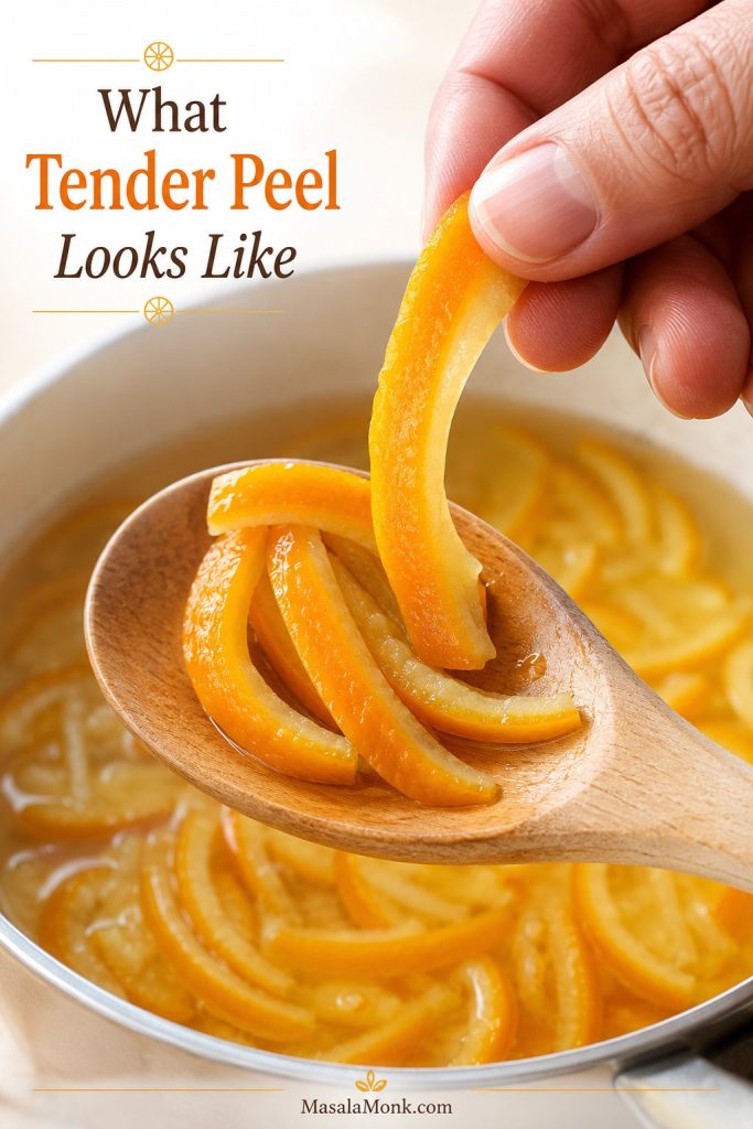 Fingers bending a softened orange peel strip over a wooden spoon above a pot of simmered peel.