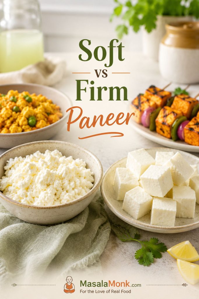 Soft crumbled paneer in a bowl beside firm paneer cubes, with bhurji and tikka-style uses in the background.