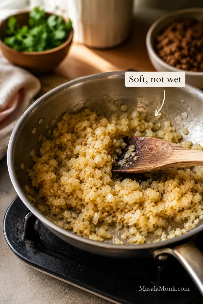 Finely chopped onion softened in a pan with a wooden spoon for sausage roll filling.