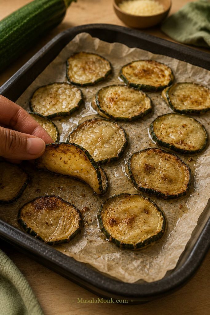 Soft browned zucchini chip being bent above a tray of limp zucchini slices.