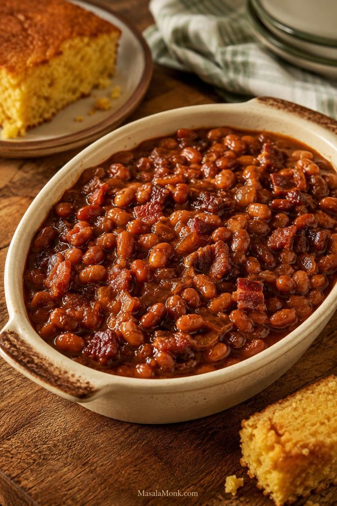 Southern-style baked beans with bacon served beside cornbread.