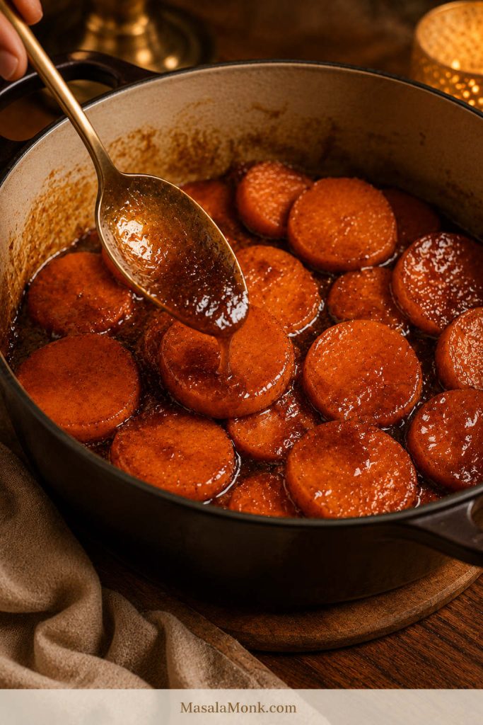 Spoon basting brown sugar syrup over orange candied yam rounds in a dark skillet.