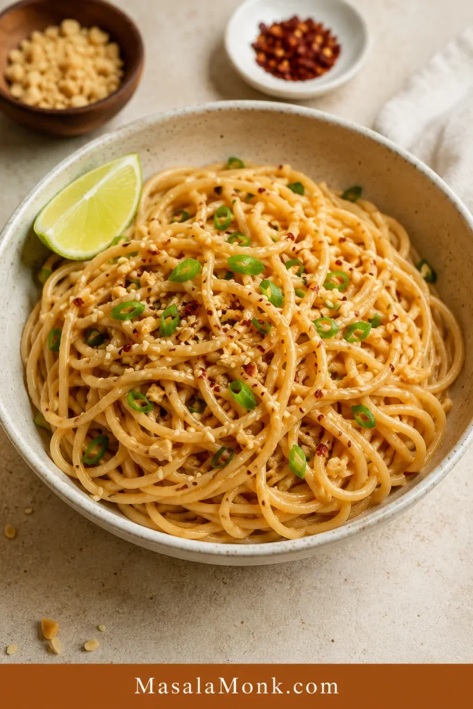 Spaghetti peanut noodles with creamy peanut sauce, scallions, chopped peanuts, chili flakes, sesame seeds, and lime