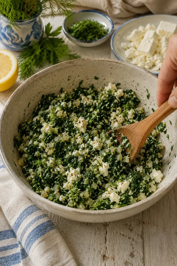 A bowl of spanakopita filling before eggs are added, with spinach, feta chunks, herbs, onion, and seasonings.