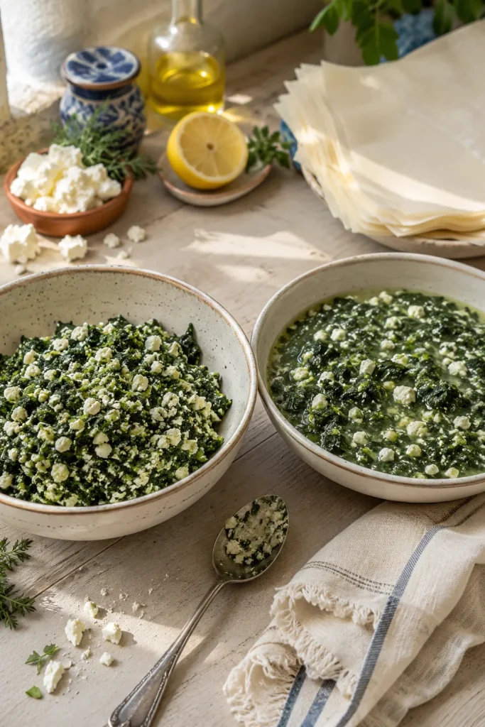 Two bowls of spanakopita filling, one thick and clumpy and the other looser with visible liquid.