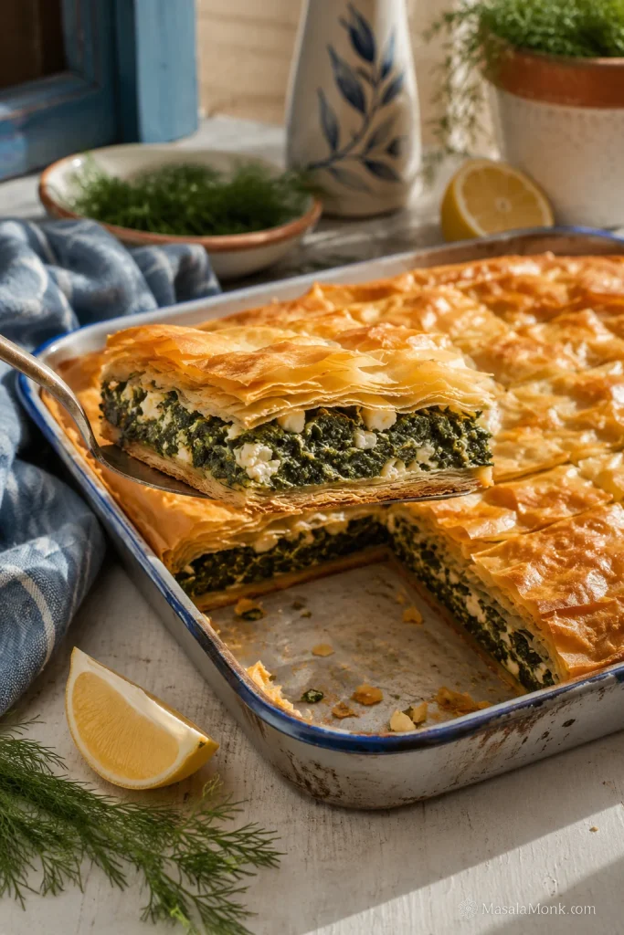 A lifted corner piece of baked spanakopita on a spatula, showing a firm bottom layer, green filling, and golden phyllo top.