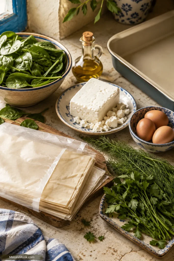 Spanakopita ingredients on a kitchen counter, including phyllo sheets, spinach, feta, herbs, eggs, olive oil, and a rectangular baking pan.
