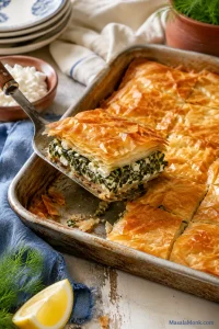 A spatula lifting a corner piece of baked spanakopita from a rectangular pan, showing golden phyllo layers and green spinach feta filling.