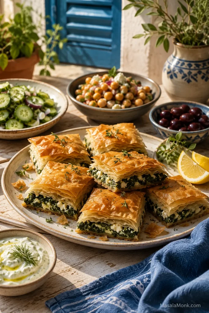 Spanakopita served on a table with tzatziki, cucumber salad, chickpea salad, olives, lemon wedges, and herbs.