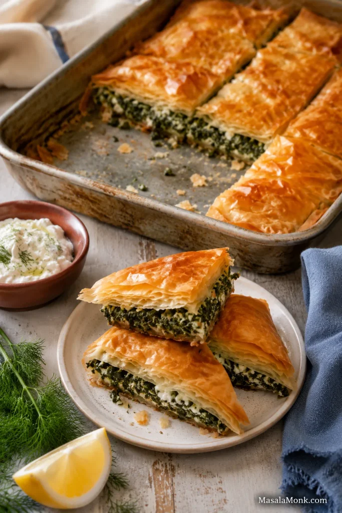 A tray of spanakopita in the background with baked spinach and feta phyllo triangles in the foreground.
