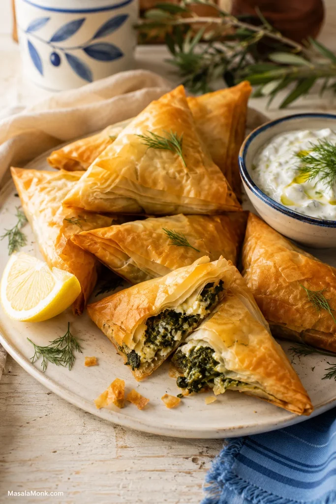 Baked spanakopita triangles on a plate with one broken open to show spinach and feta filling, served with tzatziki.