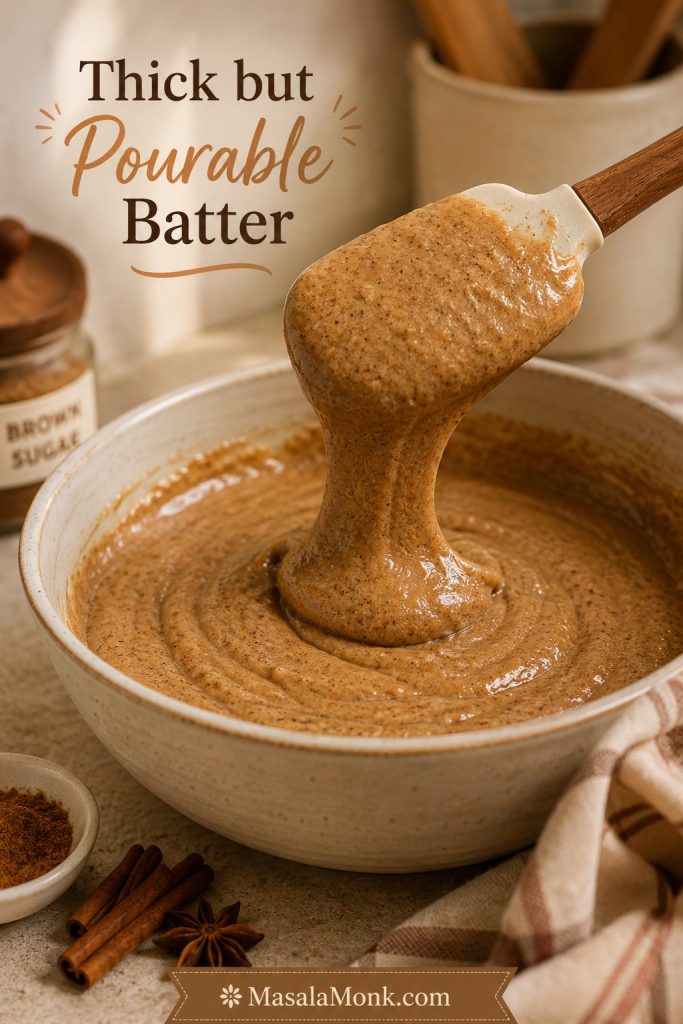 Spice cake batter lifting from a spatula over a mixing bowl, showing a thick glossy pourable texture.