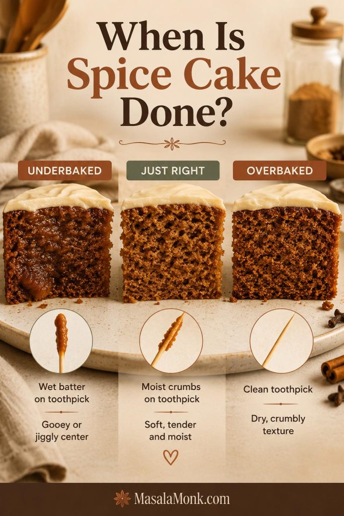 Doneness guide comparing underbaked, just-right, and overbaked spice cake pieces with toothpick crumb examples.