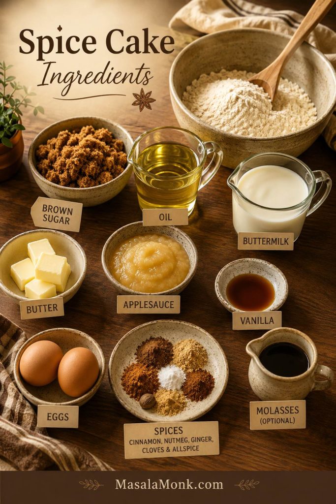Labeled spice cake ingredients including flour, brown sugar, oil, butter, applesauce, buttermilk, eggs, vanilla, molasses, and spices.