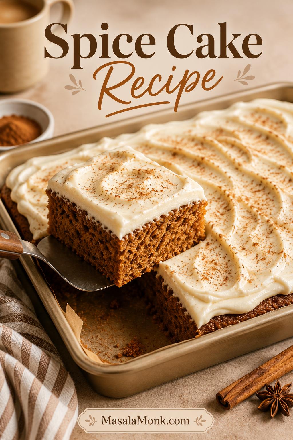 9x13 spice cake in a baking pan with cream cheese frosting and one square lifted out to show the brown crumb.