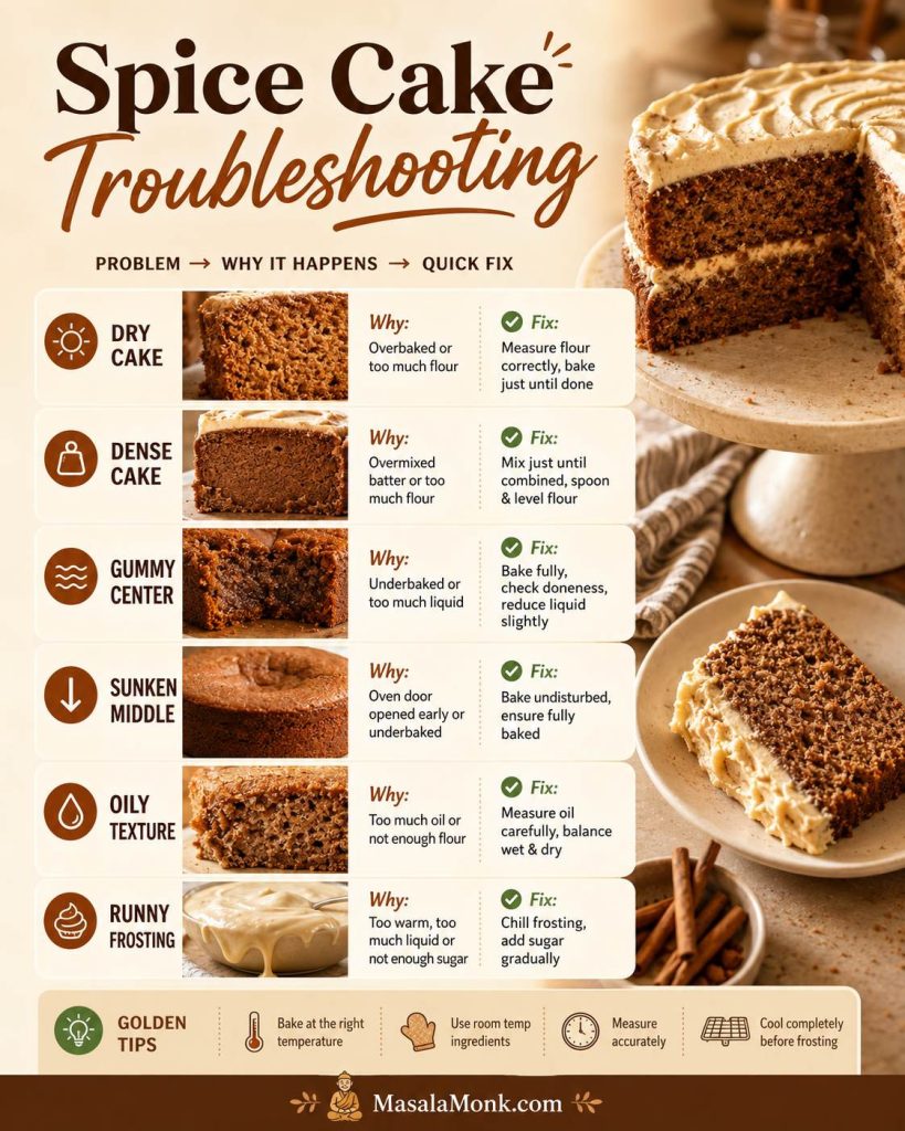 Troubleshooting guide listing dry cake, dense cake, gummy center, sunken middle, oily texture, and runny frosting with quick fixes.