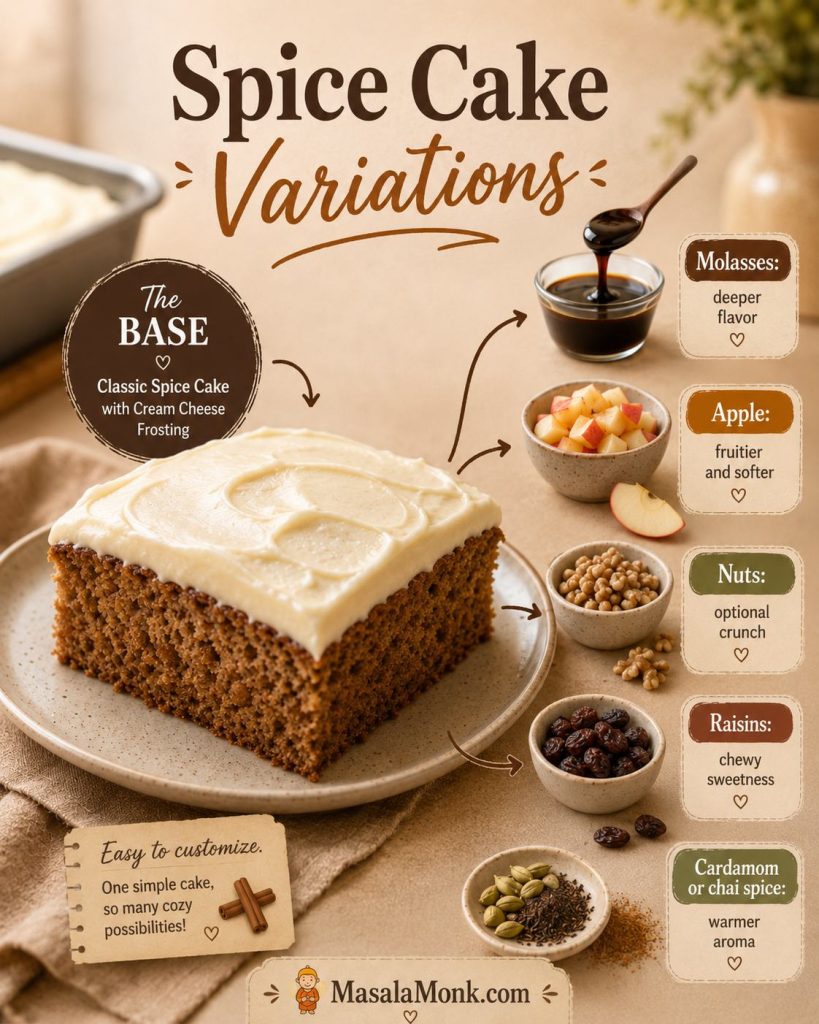Spice cake variations guide with a plain frosted cake square and optional molasses, apple, nuts, raisins, and cardamom or chai spice cues.