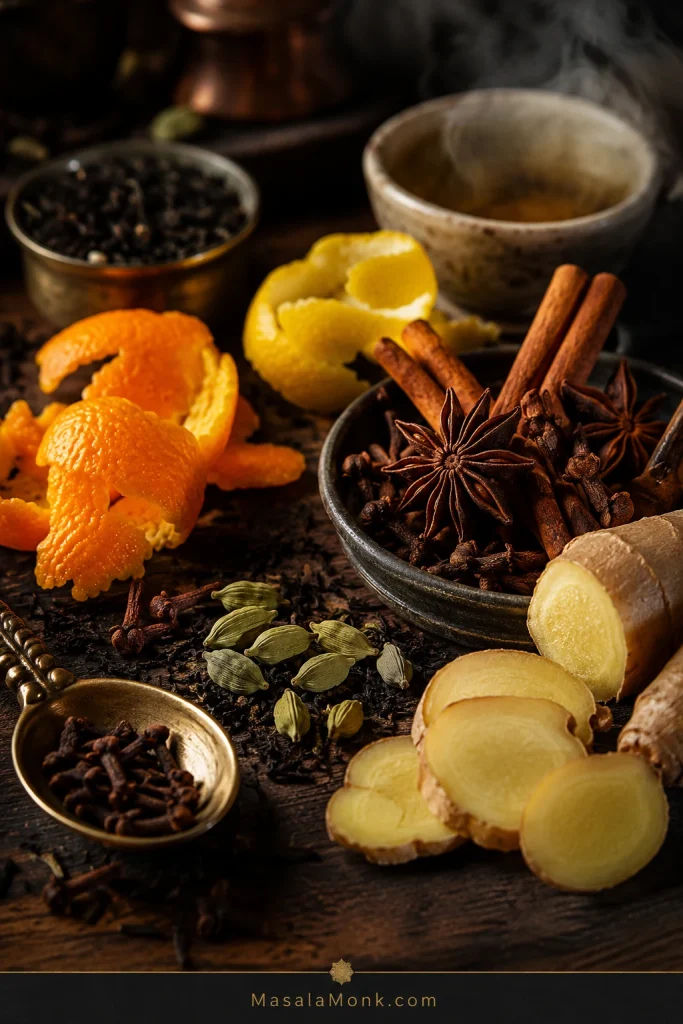 Close-up of hot toddy spices including cinnamon sticks, cloves, ginger slices, cardamom pods, star anise, orange peel, lemon peel, and tea leaves.