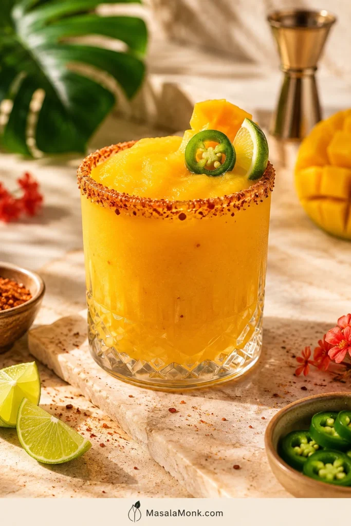 Spicy mango daiquiri in a rocks glass with a chili-lime rim, jalapeño slice, mango garnish, lime wedges, chili flakes, and sliced peppers.