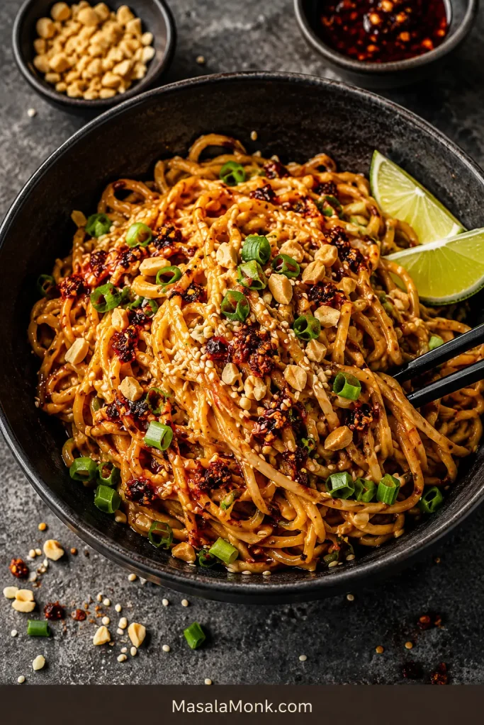 Spicy peanut noodles in a dark bowl with chili crisp, chili oil, scallions, peanuts, sesame seeds, and lime