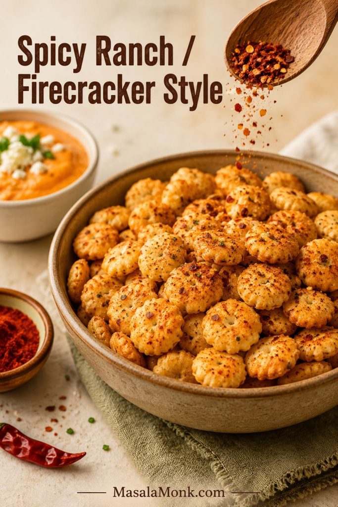 Spicy ranch firecracker oyster crackers with red pepper flakes, cayenne, and a buffalo-style dip nearby.