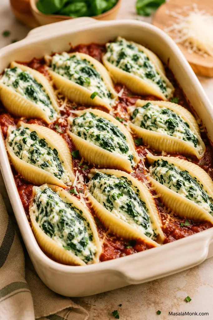 Spinach ricotta stuffed shells arranged in marinara sauce in a cream baking dish.