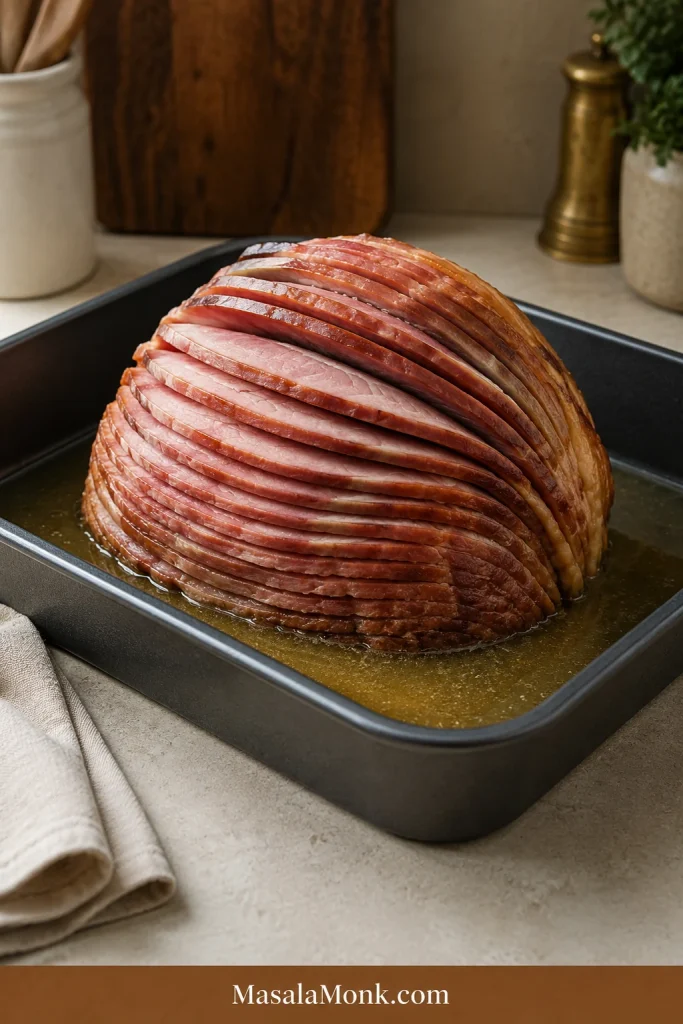 Spiral ham placed in a roasting pan with a small amount of liquid around the base.
