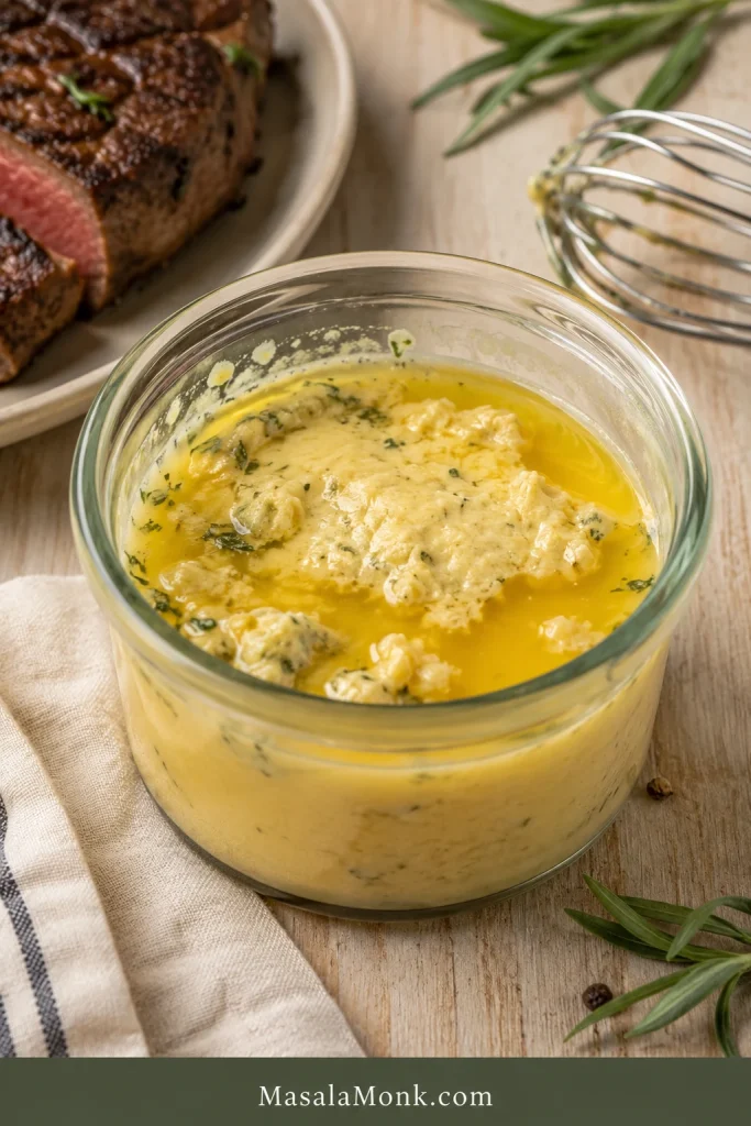 Split béarnaise sauce in a small bowl with oily butter separated from the thicker sauce.