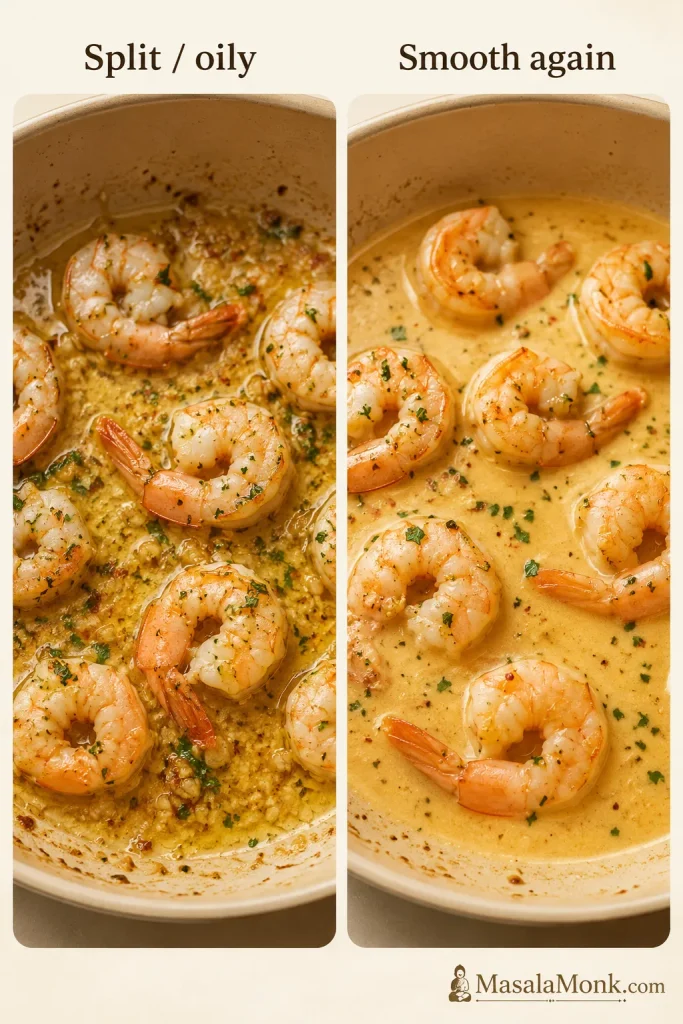 Before and after comparison of split oily shrimp scampi sauce and smooth sauce.