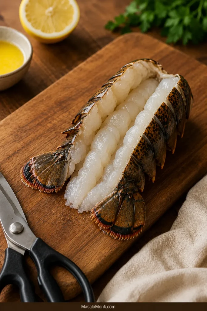 Raw lobster tail split open like a book on a wooden board before grilling.