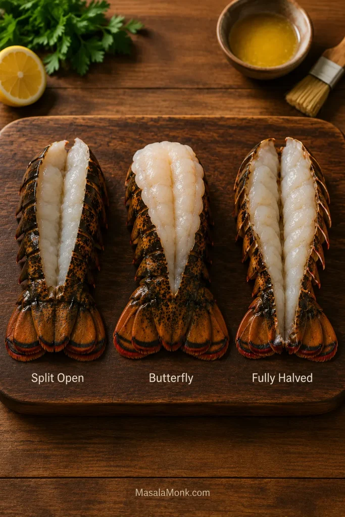 Comparison of split-open, butterfly, and fully halved lobster tail cuts for grilling.