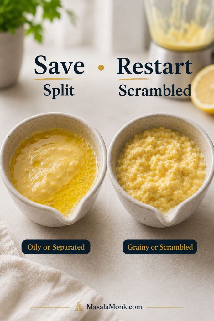 Comparison of split oily hollandaise and grainy scrambled hollandaise in two bowls.