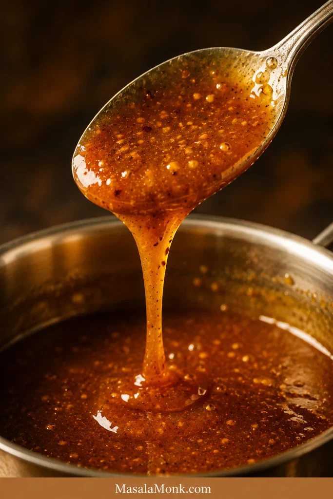 Brown sugar honey mustard glaze coating a spoon and falling in a slow ribbon into a saucepan.