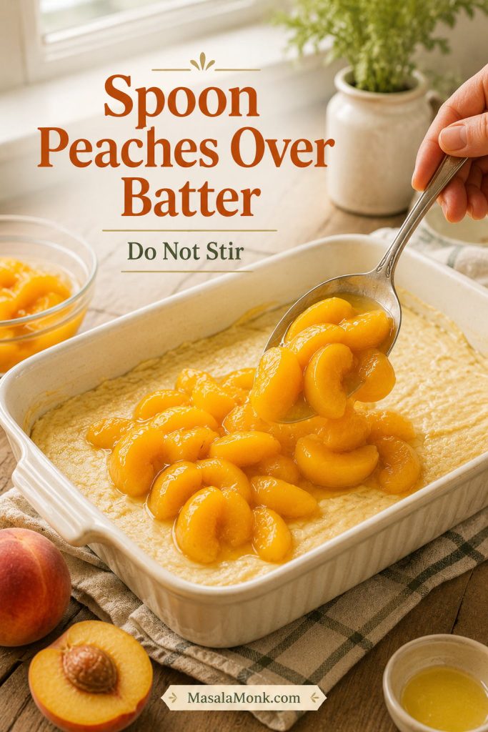 Peach filling being spooned over pale cobbler batter in a buttered baking dish without stirring the layers together.