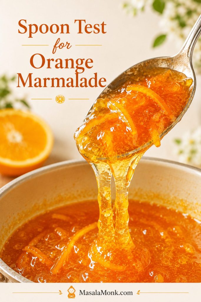 Spoon lifted above a pot of orange marmalade with thick glossy syrup and orange peel dripping slowly back into the pot.