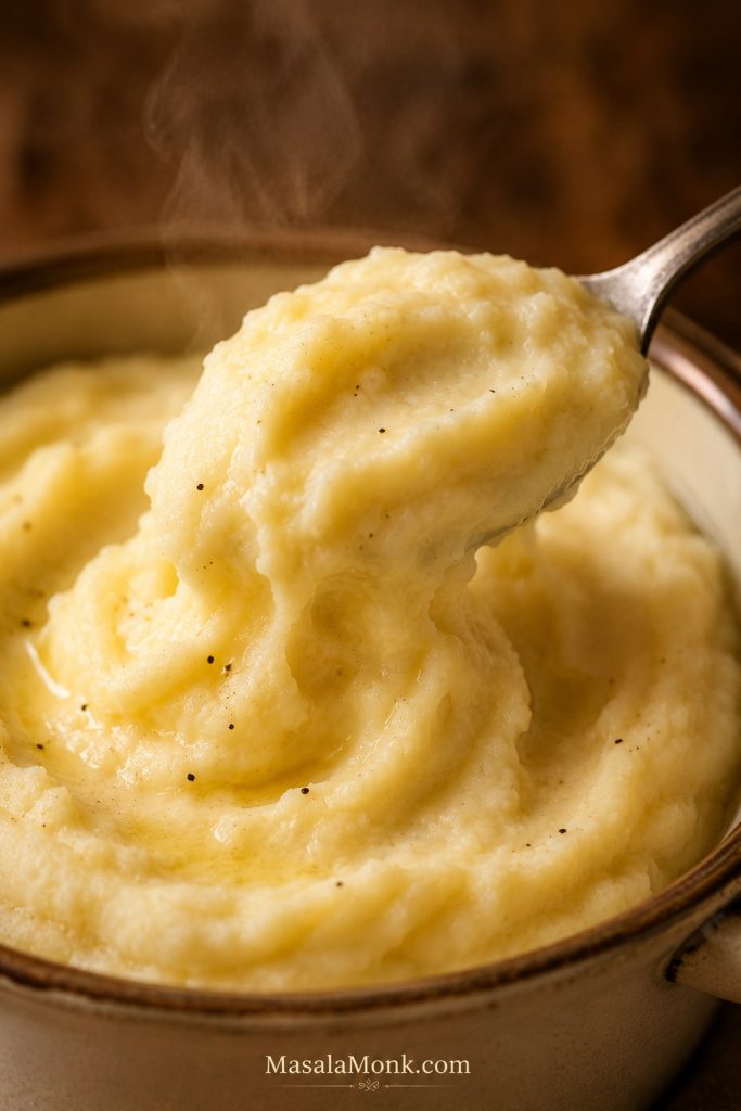 Spoon lifting creamy mashed potatoes with soft ridges, steam, and a light butter sheen.