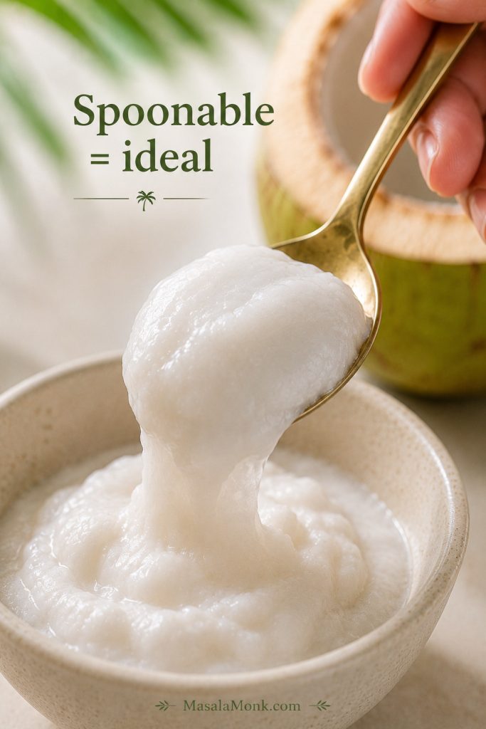 Spoon lifting soft tender coconut malai to show the ideal texture for blending.