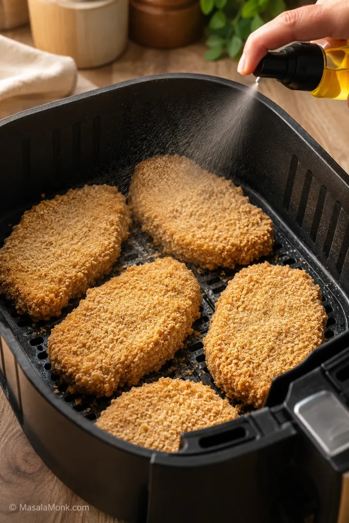 Breaded boneless pork chops being sprayed with oil in an air fryer basket.