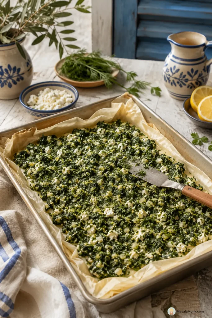 Spinach and feta filling being spread evenly over layered phyllo in a rectangular pan.