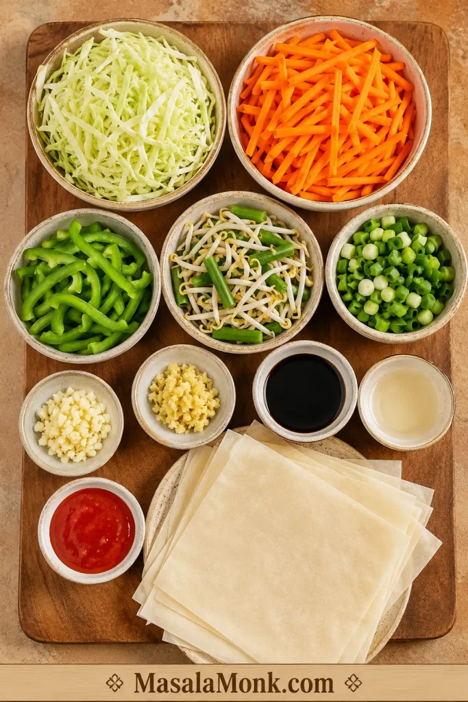 Shredded cabbage, carrot, capsicum, beans, spring onions, garlic, ginger, sauces, and spring roll wrappers arranged on a board.