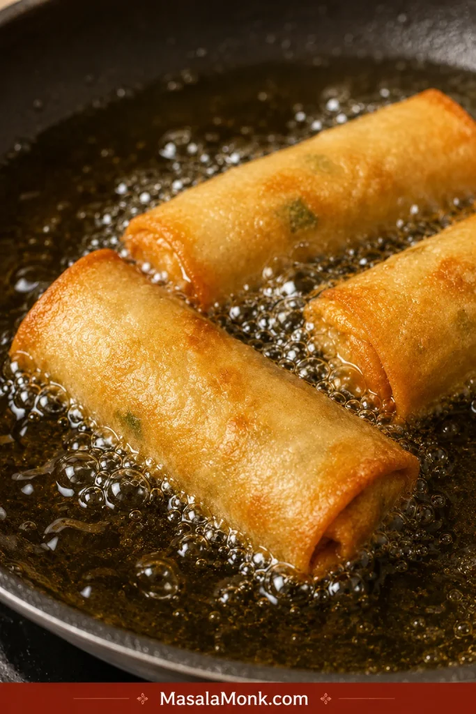 Golden spring rolls frying in hot oil with steady bubbles around the wrappers.