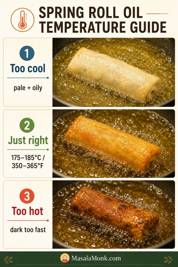 Oil temperature guide showing three spring rolls: pale and oily when too cool, golden at 175–185°C / 350–365°F, and too dark when too hot.