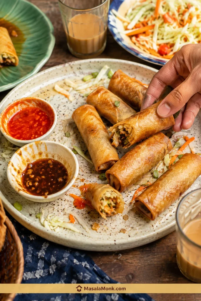 Crispy spring rolls on a serving platter with dipping sauces, scattered vegetables, and a hand reaching for one.