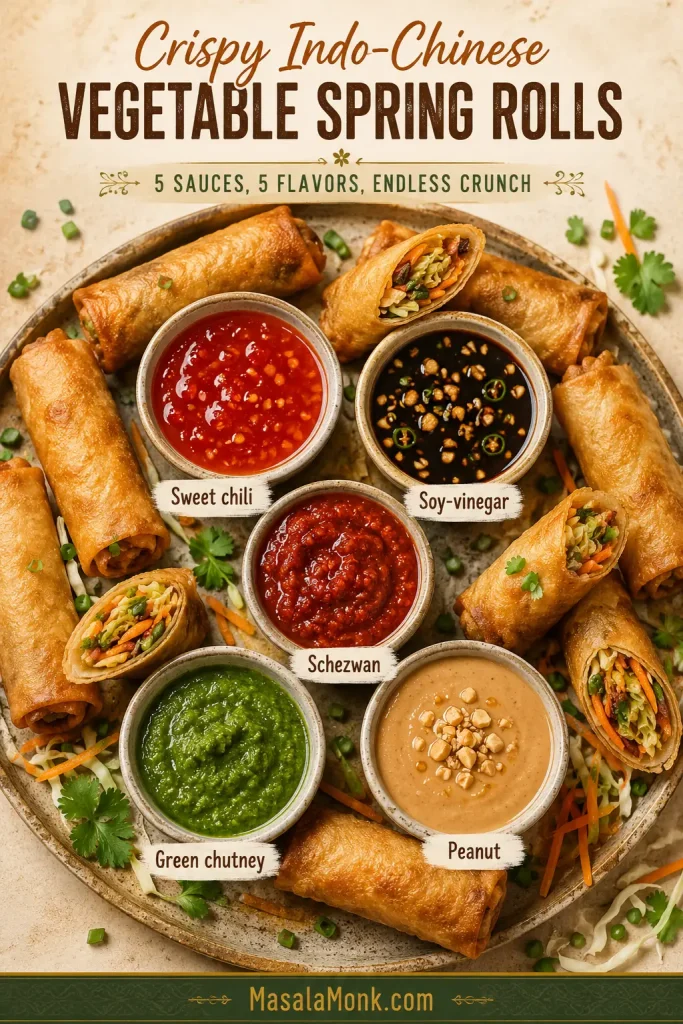 Crispy spring rolls served with sweet chili, soy-vinegar, Schezwan, green chutney, and peanut dipping sauces.