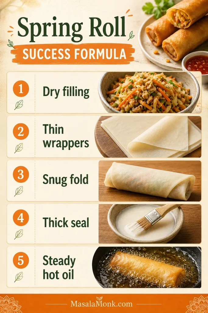 A spring roll success formula guide listing dry filling, thin wrappers, snug fold, thick seal, and steady hot oil.