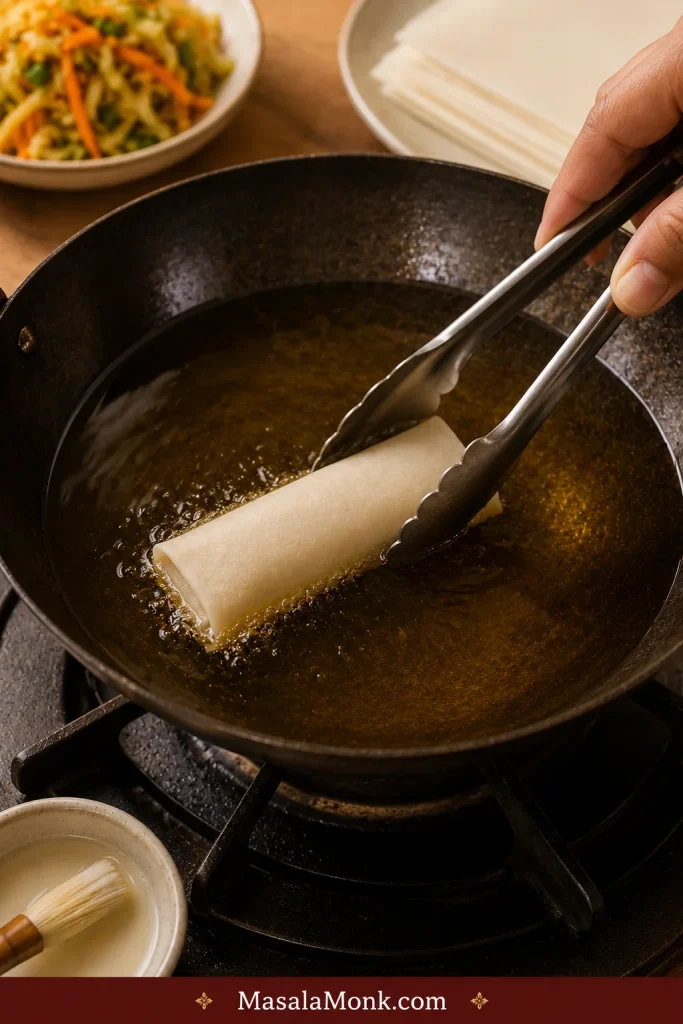 A single uncooked spring roll being lowered into hot oil with metal tongs.