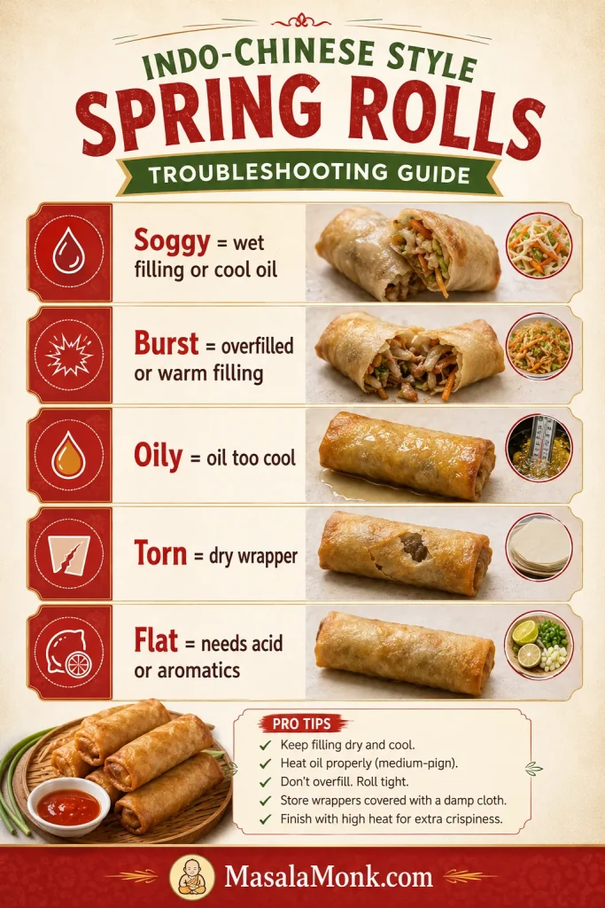 Troubleshooting guide for spring rolls: soggy means wet filling or cool oil, burst means overfilled or warm filling, oily means oil too cool, torn means dry wrapper, and flat means it needs acid or aromatics.